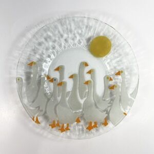 Vintage fused art glass plate Clear With White  geese And Sun 8.5"